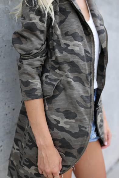 Autumn New Trendy Classic Camouflage Printed Long Sleeve Lapel Collar Zip Up Trench Coat