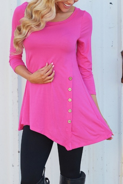 Button Embellished Side Long Sleeve Round Neck Solid Asymmetric Hem Loose T-Shirt
