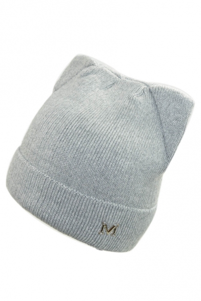 Cute Cat Shaped M Letter Patched Knit Beanie for Women