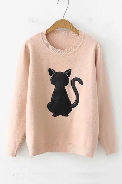 Funny Cartoon Cat Pattern Loose Long Sleeve Crewneck Sweater for Girls