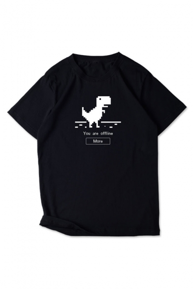 Funny Letter YOU ARE OFFLINE Dinosaur Print Round Neck Short Sleeve Black Tee Top