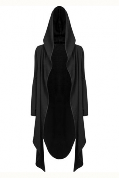 Gothic Style Long Sleeve Plain Hooded Open Front Asymmetrical Coat