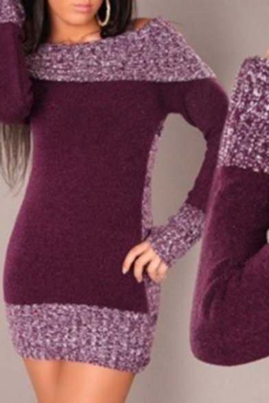 Hot Chic Colorblock Off The Should Long Sleeve Button Embellished Tunics Sweater