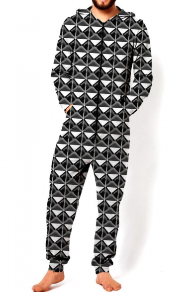 Hot Fashion 3D Geometric Pattern Long Sleeve Hooded Black Loose Jumpsuits