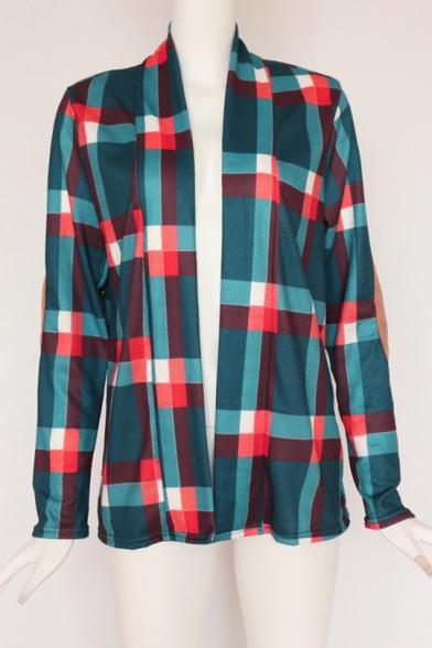 Hot Popular Classic Color Block Check Printed Long Sleeve Open Front Blouse Top