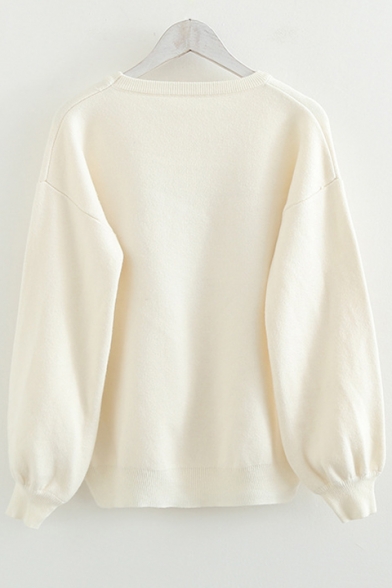 Japanese Character Strawberry Embroidered Round Neck Long Sleeve Pullover Beige Sweater