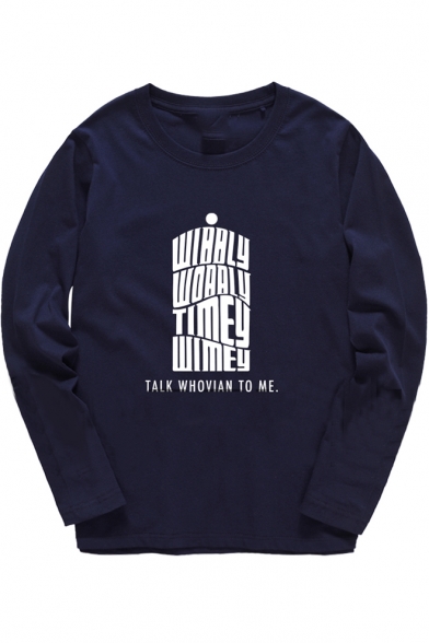 Long Sleeve Letter TALK WHOVIAN TO ME Printed Cotton Round Neck T-Shirt
