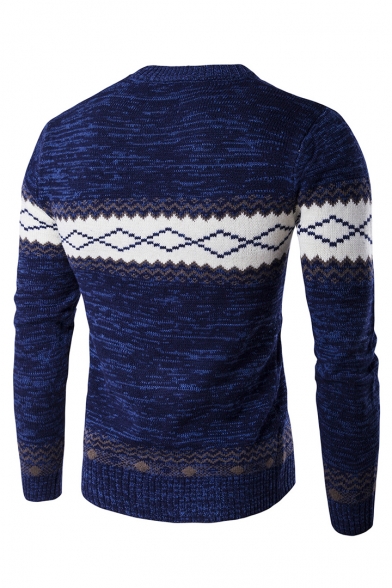 Men's Chic Colorblock Geometric Printed Long Sleeve Crewneck Slim Fitted Sweater