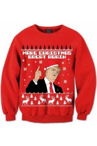 New Arrival Christmas Trump Pattern Round Neck Long Sleeve Red Sweatshirt