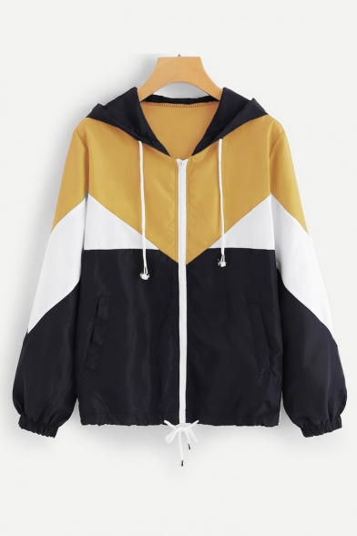 New Trendy Hooded Long Sleeve Fashion Color Block Drawstring Hem Zip Up Sports Coat