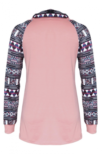 Unique Long Sleeve Colorblock Geometric Printed Turtleneck Drawstring Sweatshirt
