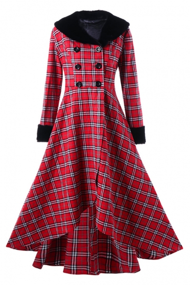 Winter's Classic Check Print Folded Collar Long Sleeve Double Breasted Midi Fit and Flared Dress
