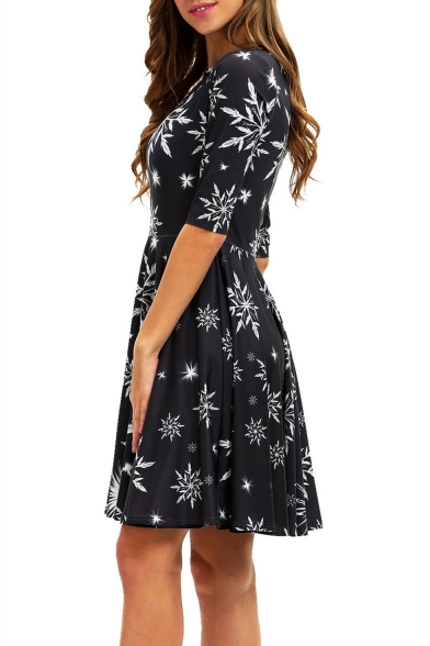 Women's Chic Half Sleeve Snowflake Printed Black Midi A-Line Pleated Dress