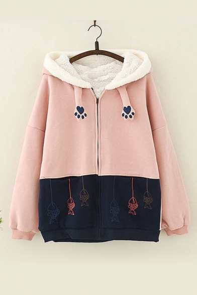 Cartoon Cat Fish Embroidered Hooded Long Sleeve Zip Up Coat