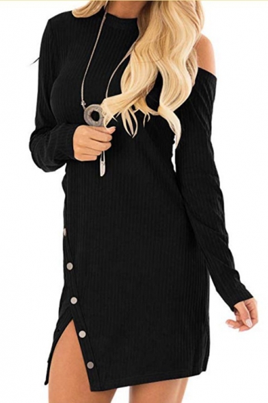 Chic Long Sleeve Mock Neck Hollow Out Back Button Side Plain Kit Dress
