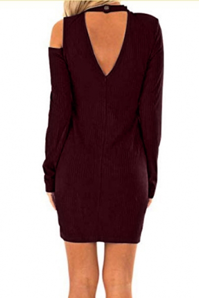 Chic Long Sleeve Mock Neck Hollow Out Back Button Side Plain Kit Dress