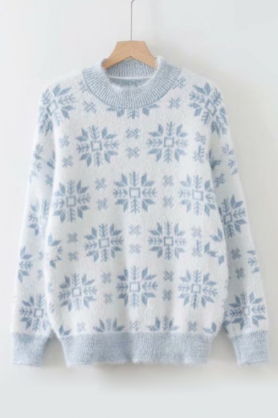 Chic Snowflake Printed Long Sleeve Crew Neck Pullover Fitted Sweater