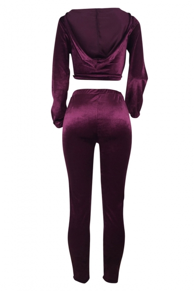Chic Twist Front Hooded Long Sleeve Top Skinny Fit Pants Velvet Purple Co-ords