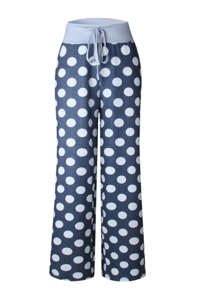 Classic Polka Dot Pattern Elastic Tied Waist Loose Fitted Casual Culottes Pants for Women
