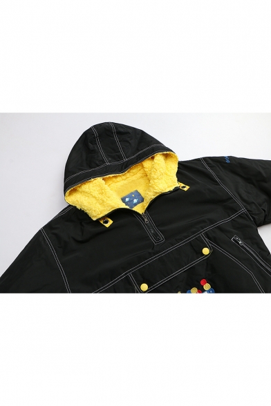 Contrast Stitching Half Zip Front Long Sleeve Hooded Drawstring Hem Black Cotton Coat