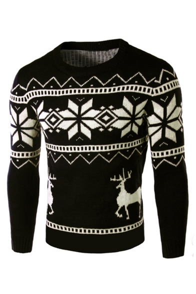Fashion Deer Snowflake Printed Long Sleeve Crewneck Fitted Sweater