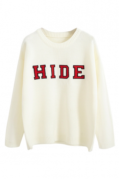 Fashion Letter HIDE Embroidered Crewneck Long Sleeve Loose Fitted Sweater