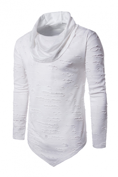 Hip Hop Style Ripped Detail Cowl Neck Long Sleeve Asymmetric Hem Slim T-Shirt