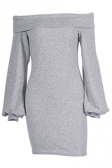 Hot Fashion Off-Should Lantern Sleeve Plain Mini Bodycon Dress