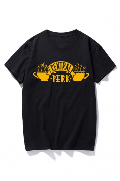 Coffee Cup Letter Pattern Round Neck Short Sleeve Cotton T-Shirt