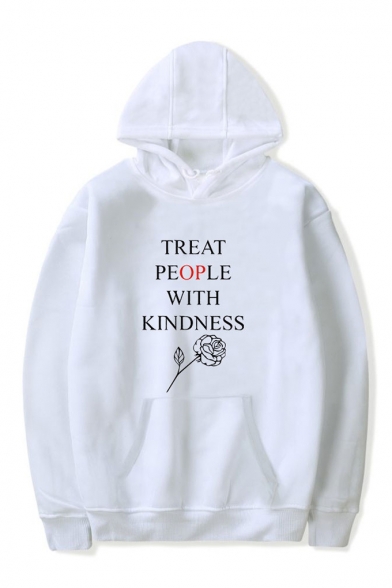 Trendy Letter TREAT PEOPLE WITH KINDNESS Rose Printed Long Sleeve Hoodie