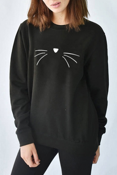 Lovely Cartoon Cat Print Crewneck Long Sleeve Black Pullover Sweatshirt