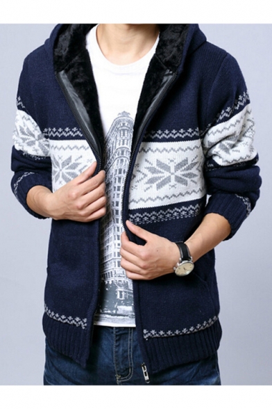 Men's Winter Long Sleeve Snowflake Printed Hooded Zip Up Cardigan