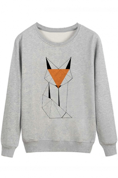 New Fashion Geometric Fox Pattern Crewneck Long Sleeve Fit Gray Sweatshirt