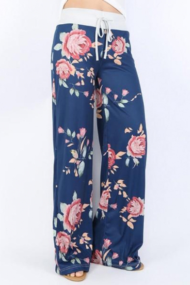 New Fashion Tied Waist Floral Printed Loose Fitted Wide Legs Pants