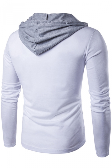 New Stylish Colorblock Two-Tone Long Sleeve Hooded Slim Fitted T-Shirt for Men
