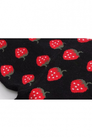 Red Overall Strawberry Printed Crewneck Long Sleeve Black Sweater