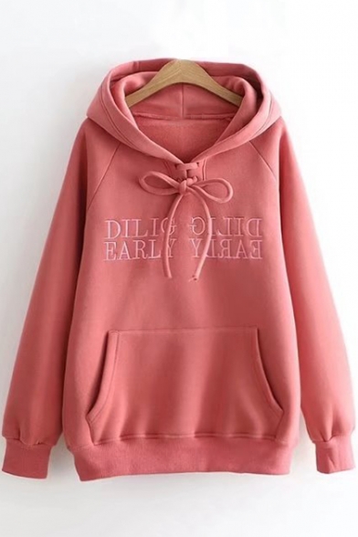 

Simple Letter DILIG EARLY Embroidered Long Sleeve Lace Up Front Drawstring Hoodie, Pink;dark gray;khaki