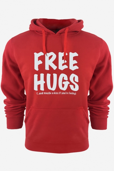 Street Style Letter FREE HUGS Printed Long Sleeve Sports Fitted Hoodie
