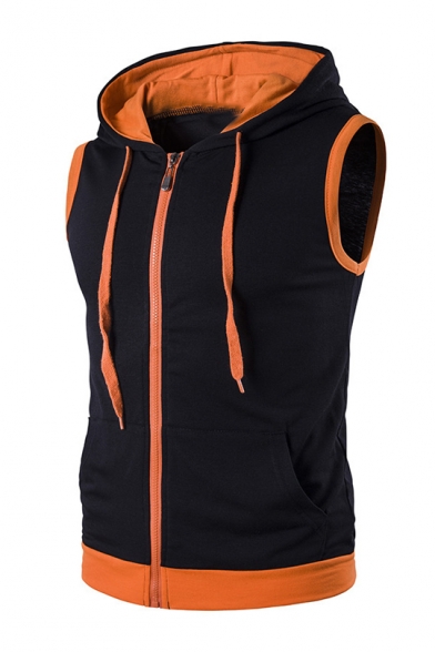 Stylish Color Block Hooded Sleeveless Zip Up Fitted Vest Coat for Men
