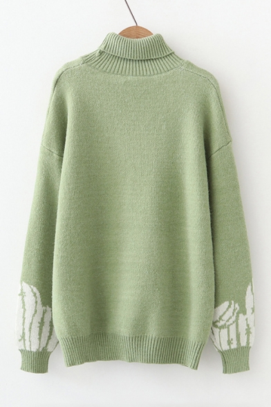 Turtleneck Long Sleeve CACTUS Printed Loose Fitted Sweater