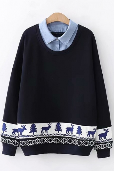 Winter's Cartoon Deer Pattern Hem Lapel Collar Patched Long Sleeve Sweatshirt