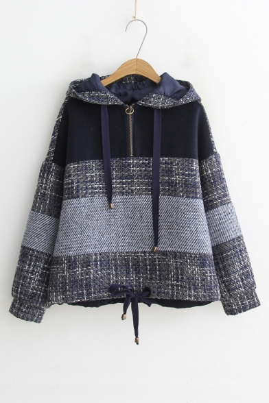 Winter's New Fashion Colorblock Striped Printed Half-Zip Front Gray Hoodie
