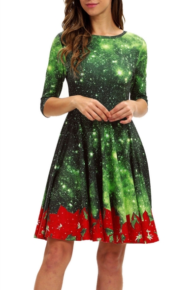 3D Green Galaxy Printed Half Sleeve Midi Pleated Dress for Women