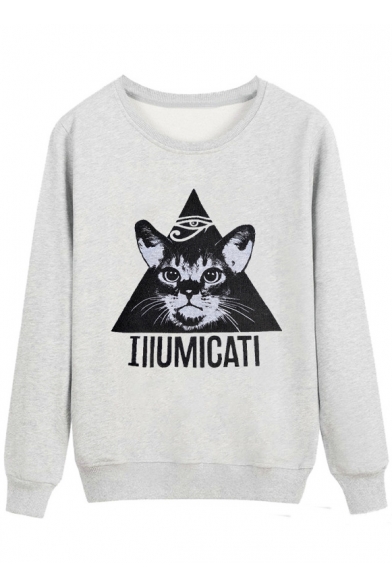 Cartoon Cat Letter ILLUMICATI Pattern Crewneck Long Sleeve Gray Sweatshirt for Men