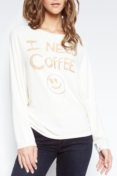 

Cartoon Smile Face Letter I NEED COFFEE Printed Batwing Long Sleeve Round Neck White T-Shirt