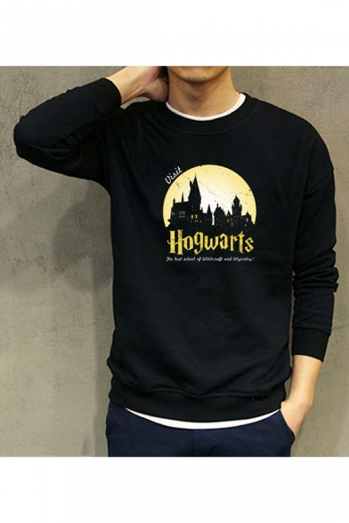 Casual Letter HOGWARTS Printed Crewneck Long Sleeve Fitted Black Cotton Sweatshirt