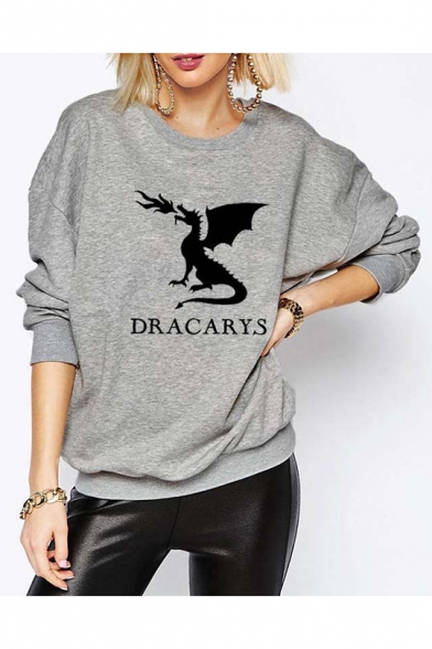Chic Letter DRACARY Fire Dinosaur Printed Long Sleeve Loose Gray Sweatshirt