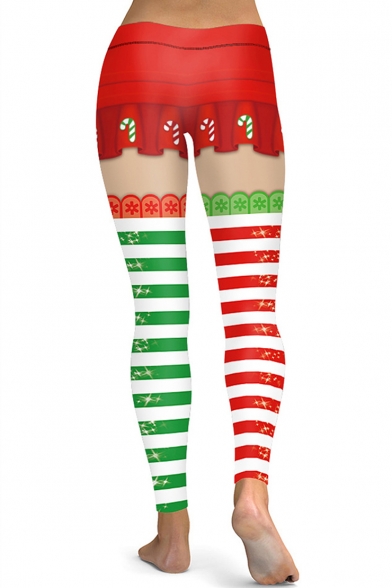 Christmas Red and Green Color Block Elastic Waist Skinny Fit Leggings