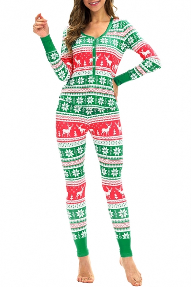 

Christmas Snowflake Deer Pattern Long Sleeve V Neck Top Green Sleepwear Co-ords, LC489917