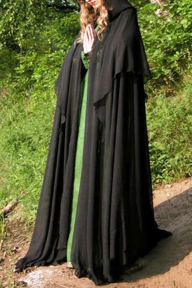 Cosplay Costume Medieval Silk and Chiffon Black Hooded Cloak Cape Coat for Women